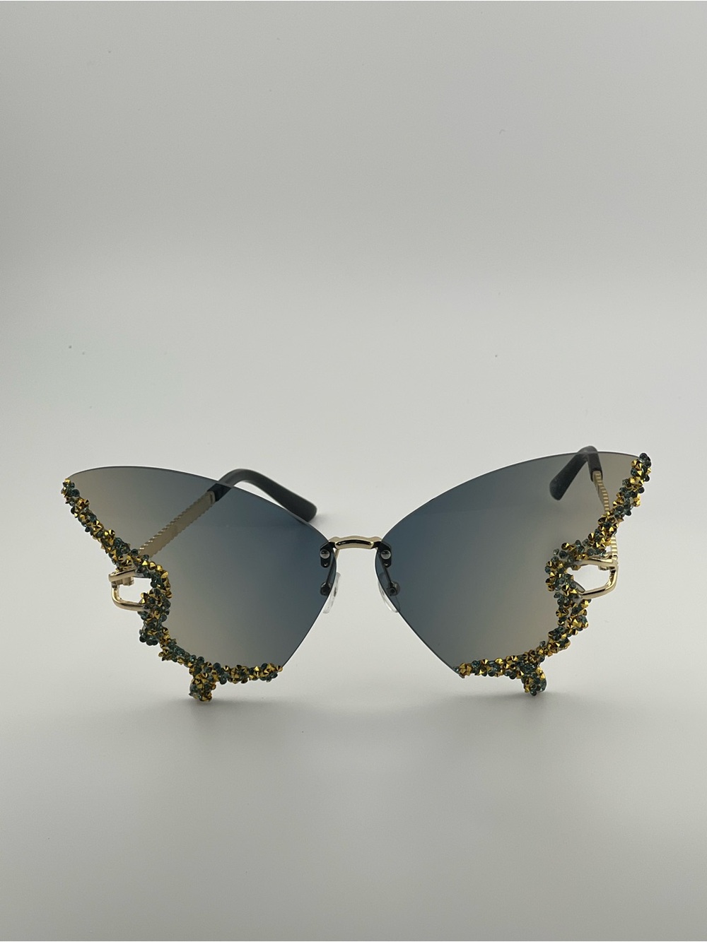 Rimless Black Gradient Cat-Eye Sunglasses with Gold Crystal Trim